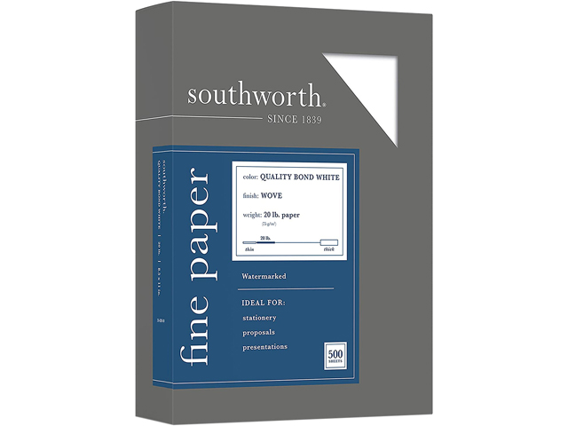 Southworth 31-620-10 Quality Bond Business Paper, 95 Bright, 20 lb, 8.5 x 11, White, 500/Ream