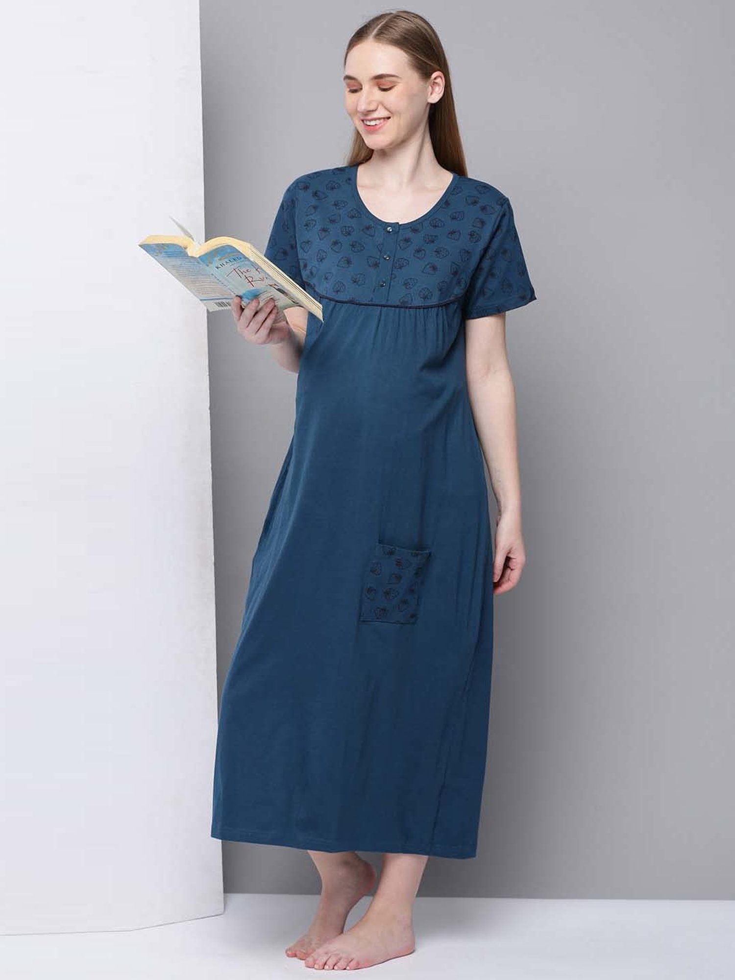 Kryptic Blue Cotton Printed Maternity Nightdress