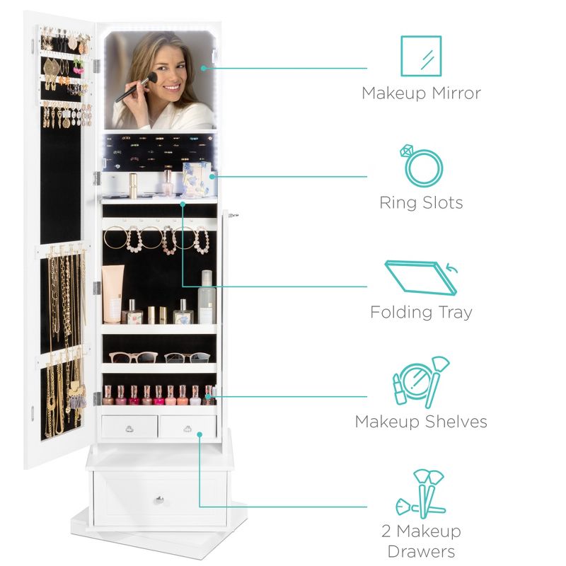 Best Choice Products 360 Swivel Standing Mirrored Jewelry Cabinet, LED-Lit Makeup Organizer w/ Mirror - White