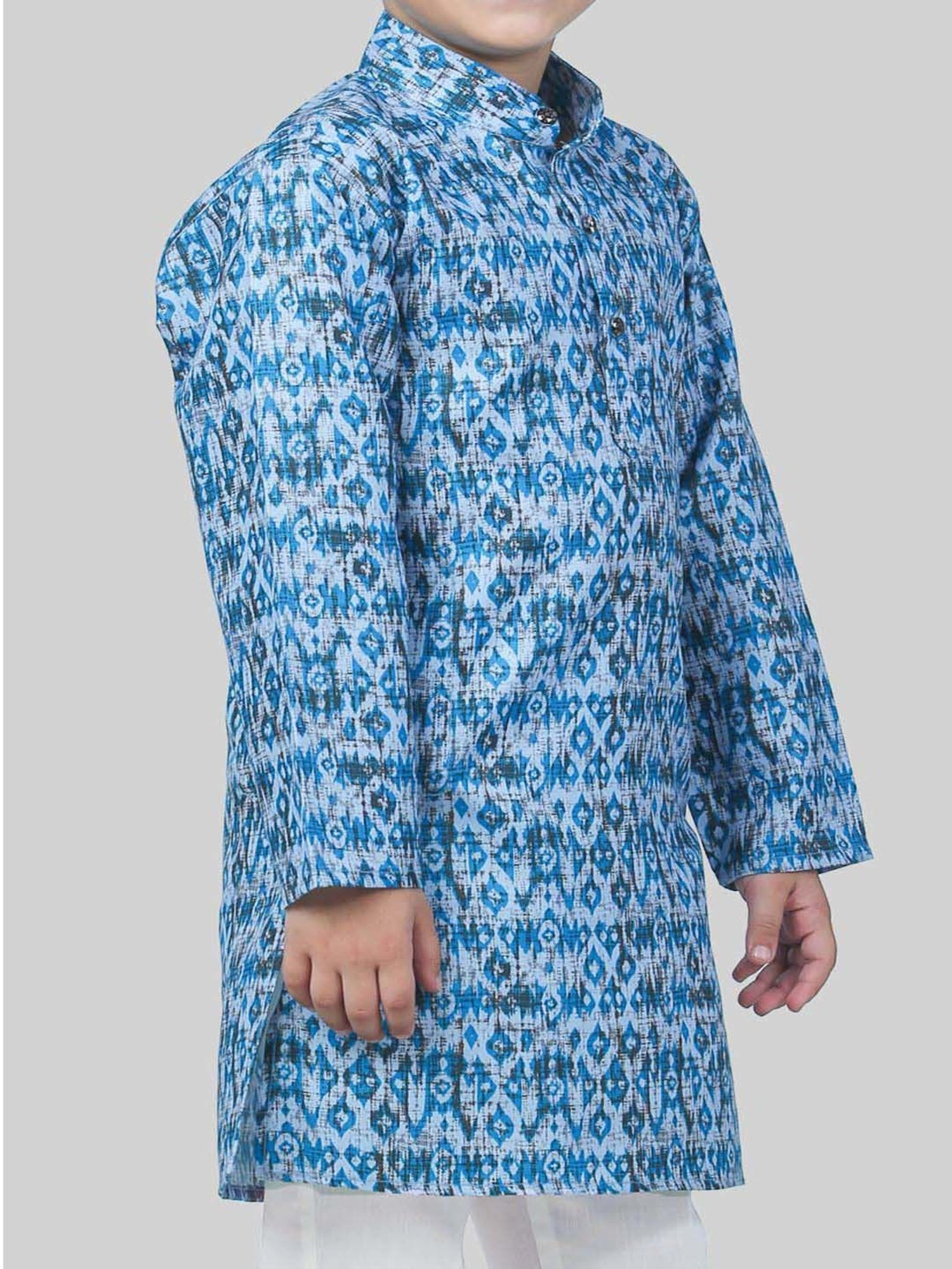 Ahhaaaa Kids Blue & White Cotton Handloom Full Sleeves Kurta Set