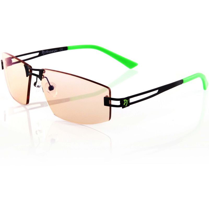 Arozzi Visione VX-600 Computer Blue Light Blocking Gaming Glasses, Black & Green Stainless Steel Frame, Tinted Purple Lens (VX600-3)