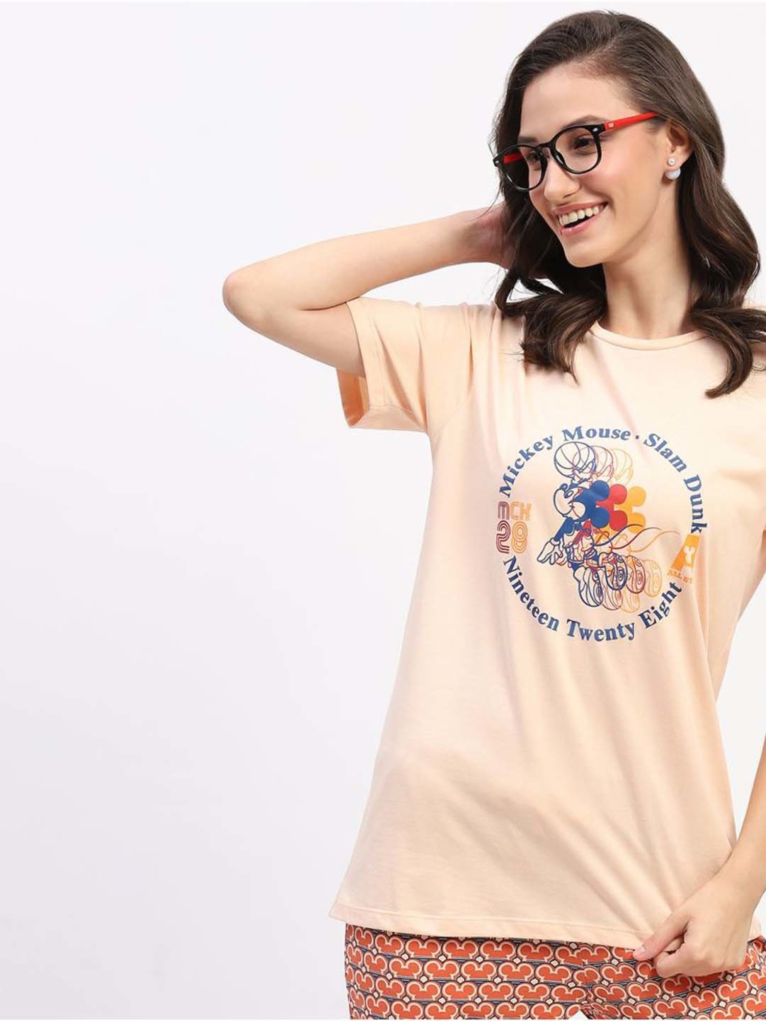 MADAME M Secret Peach Cotton Printed T-Shirt Pyjamas Set