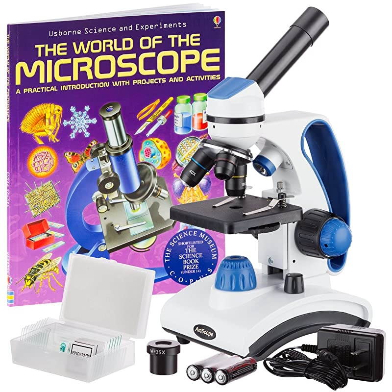 M162C-2L-PB10-WM"Awarded 2018 Best Students and Kids Microscope Kit" - 40X-1000X Dual Light All Metal Microscope with Slides and Microscope Book