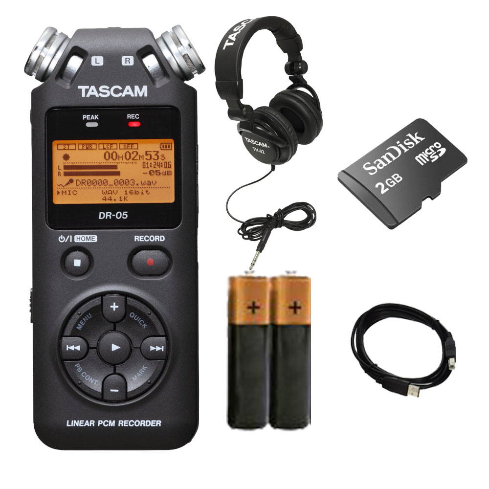 TASCAM DR-05 Portable Digital Recorder. W/ 2 Battery + USB Cable + Tascam TH02 + 2 GB Memory