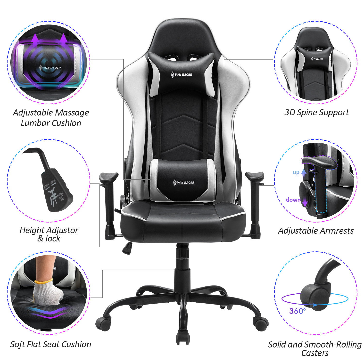 Gaming Chair, Racing Style Computer Desk Chair Padded Armrests Ergonomic Lumbar Support Adjustable Height