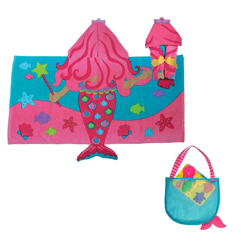 Stephen Joseph Cotton 3 Piece Hooded Beach and Bath Mermaid Theme Towel and Beach Carry Tote Bag and Mermaid Toy Set Accessory