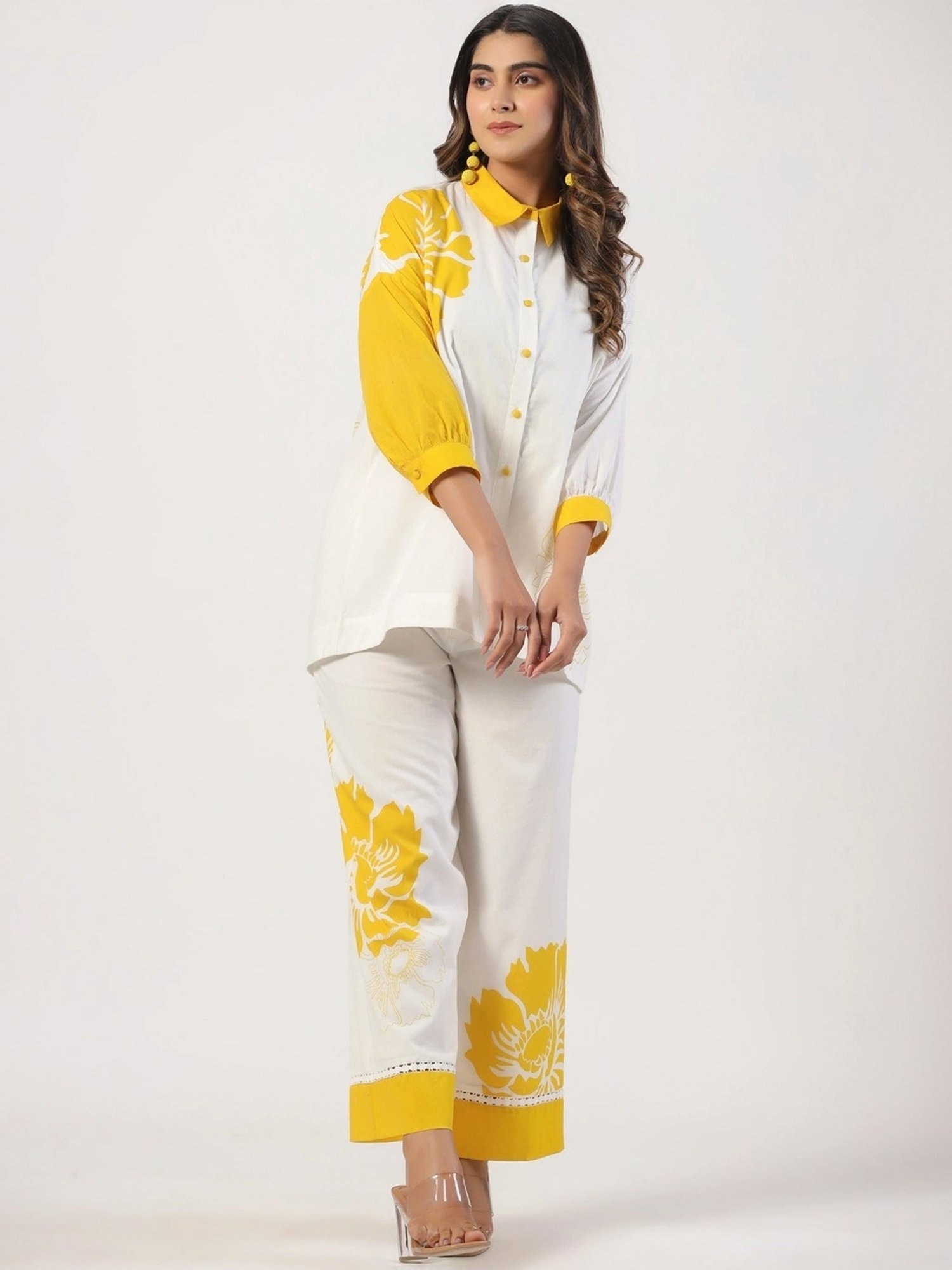Zolo Label White Cotton Floral Print Shirt Palazzo Set