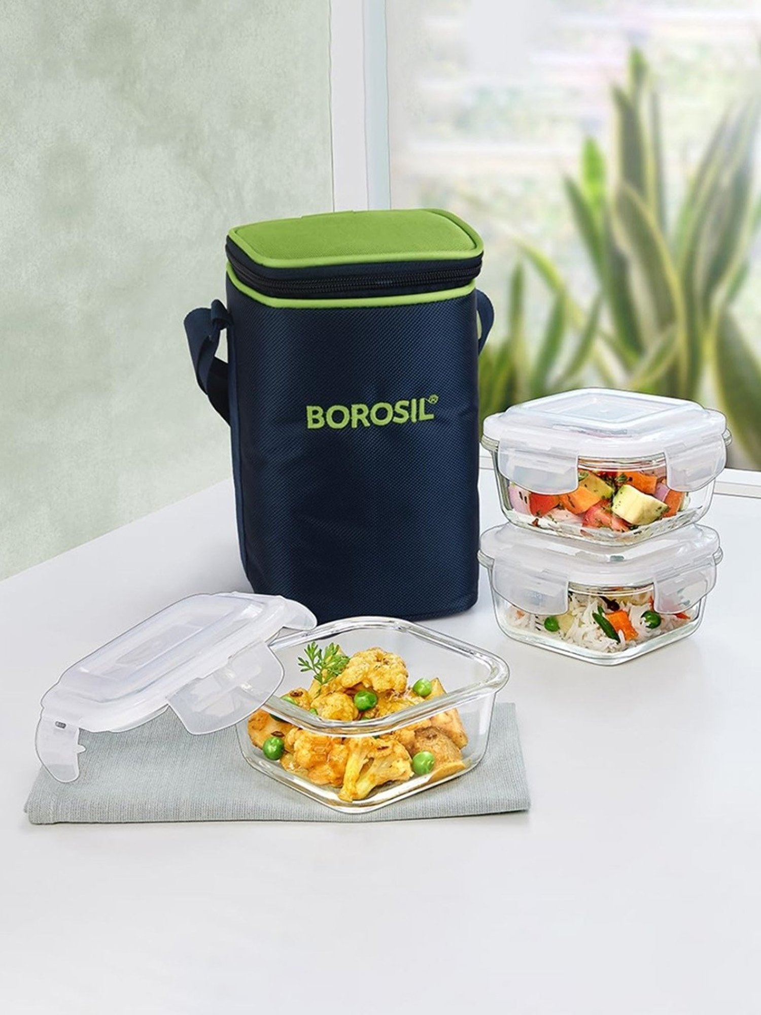 Borosil Alfa Glass Lunch Box Set of 3 (Green, 320 ml)