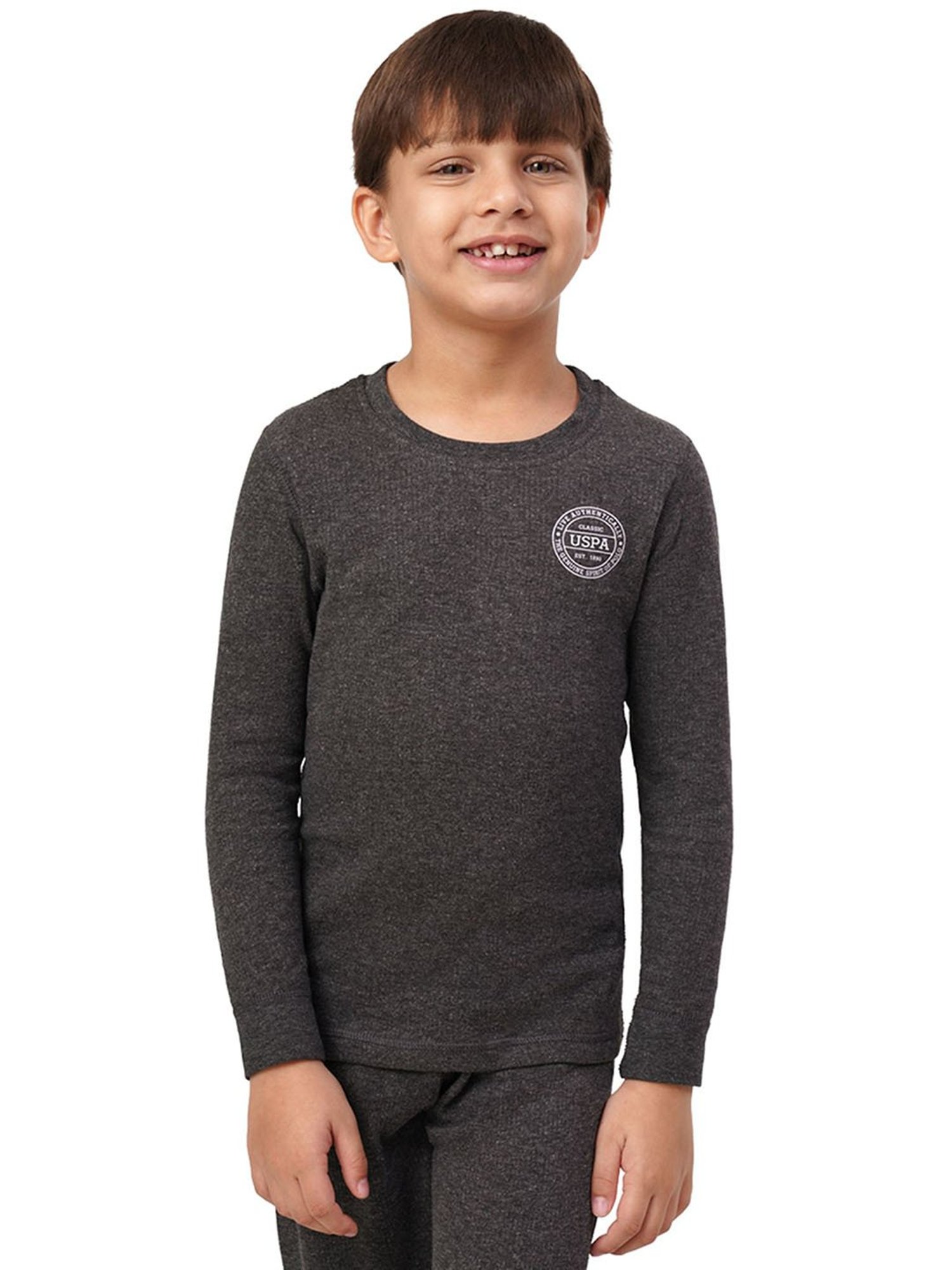U.S. Polo Assn. Kids Dark Grey Solid Full Sleeves Thermal T-Shirt