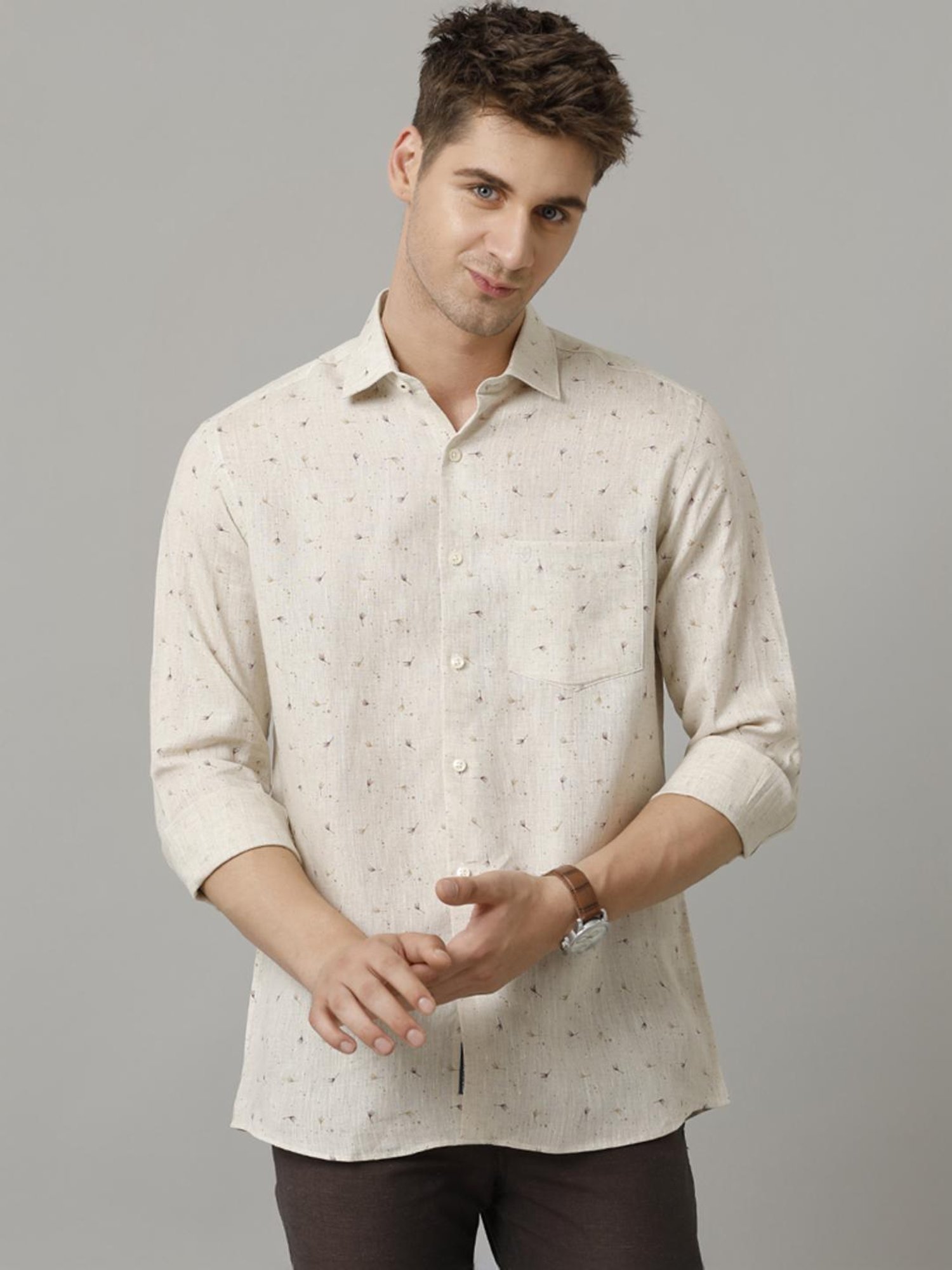 Linen Club Brown Linen Contemporary Fit Printed Shirt