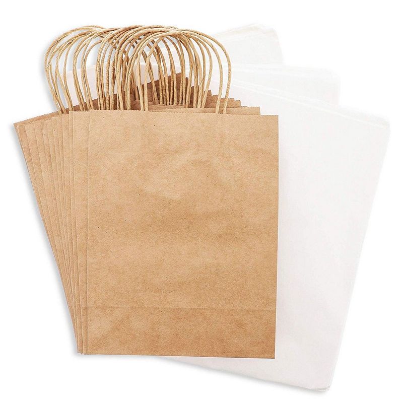 Genie Crafts 60-Pack White Tissue Paper with 12 Medium Kraft Gift Bags with Handles, 10.5 x 8 x 4 in
