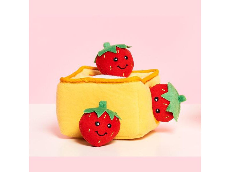 ZippyPaws - Food Buddies Burrow, Interactive Squeaky Hide and Seek Plush Dog Toy - Strawberry Waffles