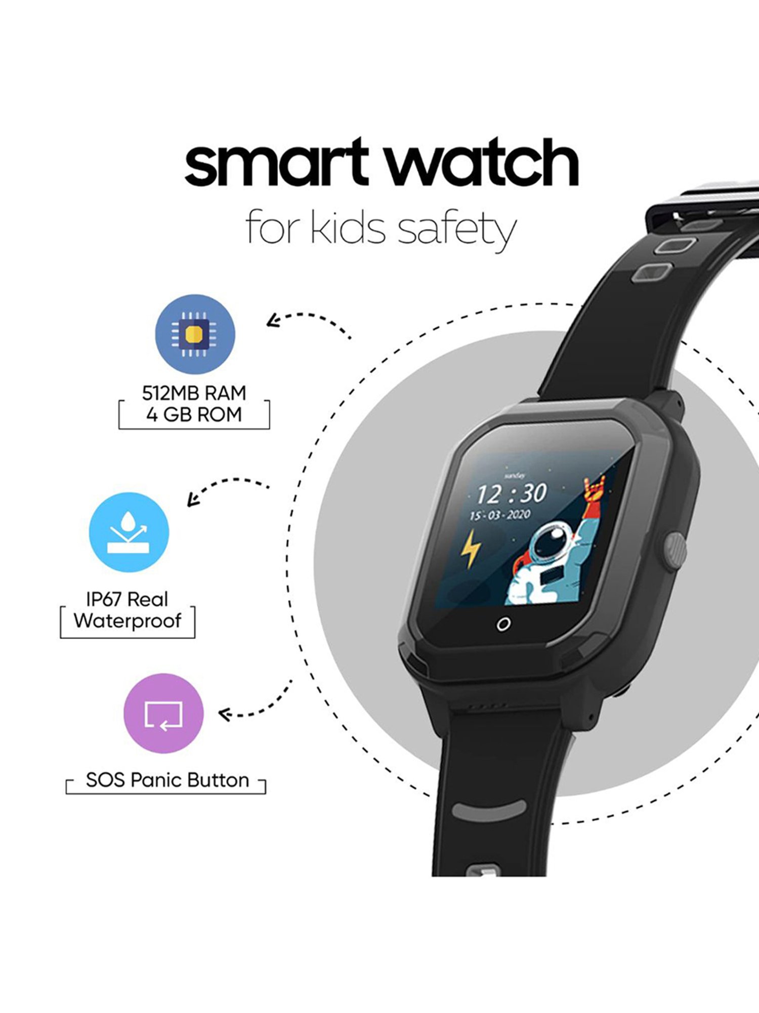 Turet Smartwatch for Kids with HD Display, Camera, SOS Button, Phone & Video Calling (Dark Black)