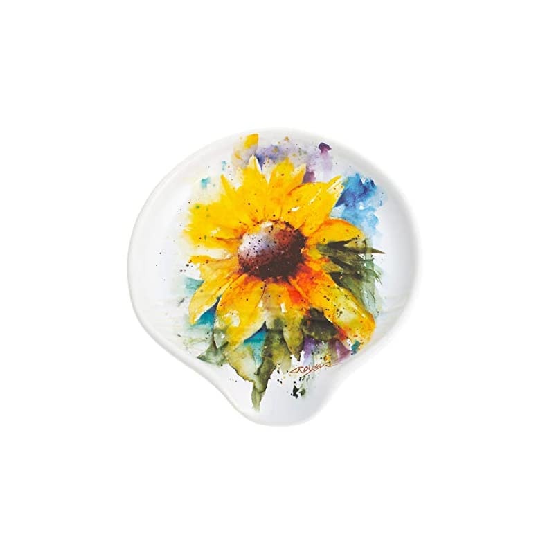 Sunflower Watercolor Yellow On White 5 x 5 Glossy Stoneware Spoon Rest