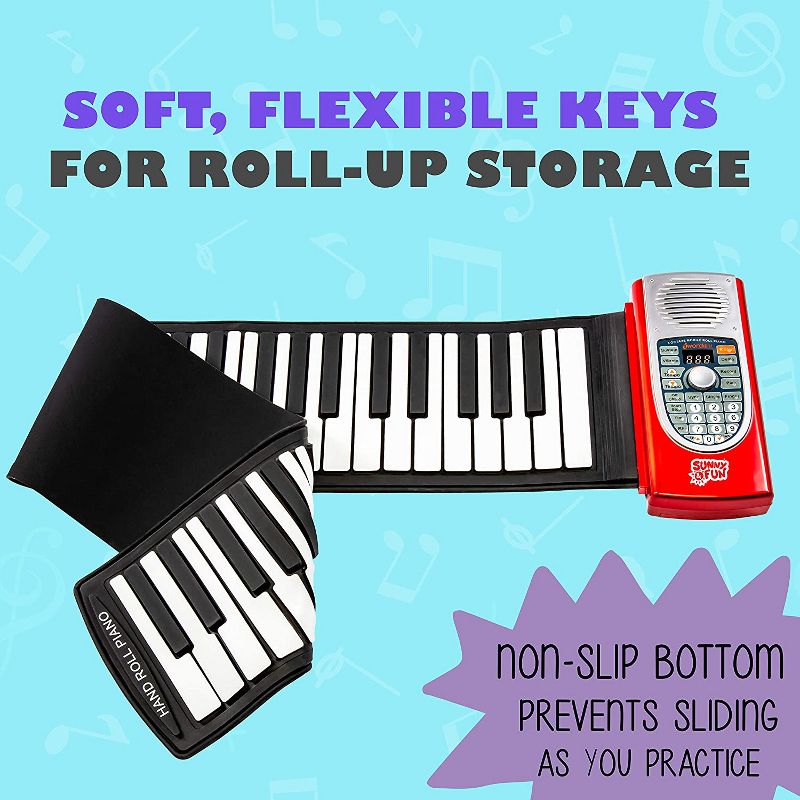 Sunny & Fun 61-Key Roll-Up Piano with Speaker | Battery Operated Portable Electronic Keyboard with 128 Instrument Sounds, 128 Rhythms, 30 Demo Songs, Play-Along Mode, USB Cable & Carry Case