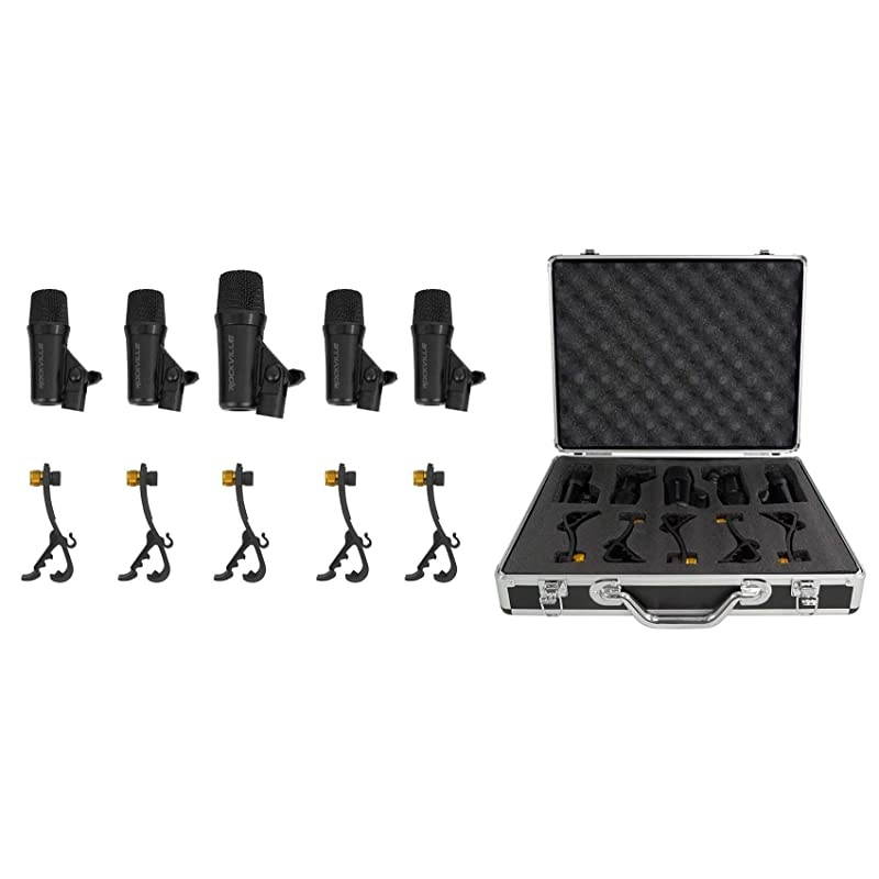 PROD5 5 Piece Drum Mic Kit wMetal Bass+Snare Microphones+Clips