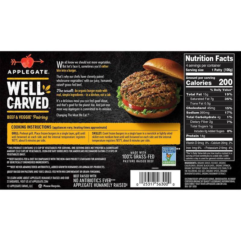 Applegate Well Carved Organic Beef & Vegetable Burgers - Frozen - 15oz