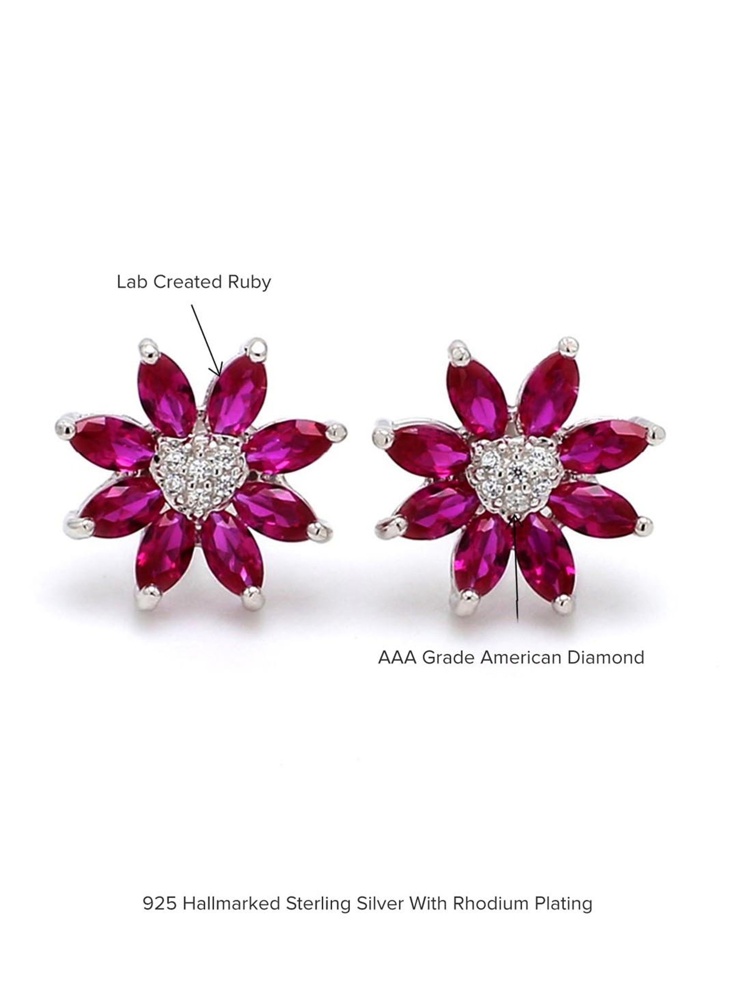 925 Silver Red Ruby and American Diamond Flower Stud Earrings for Women & Girls