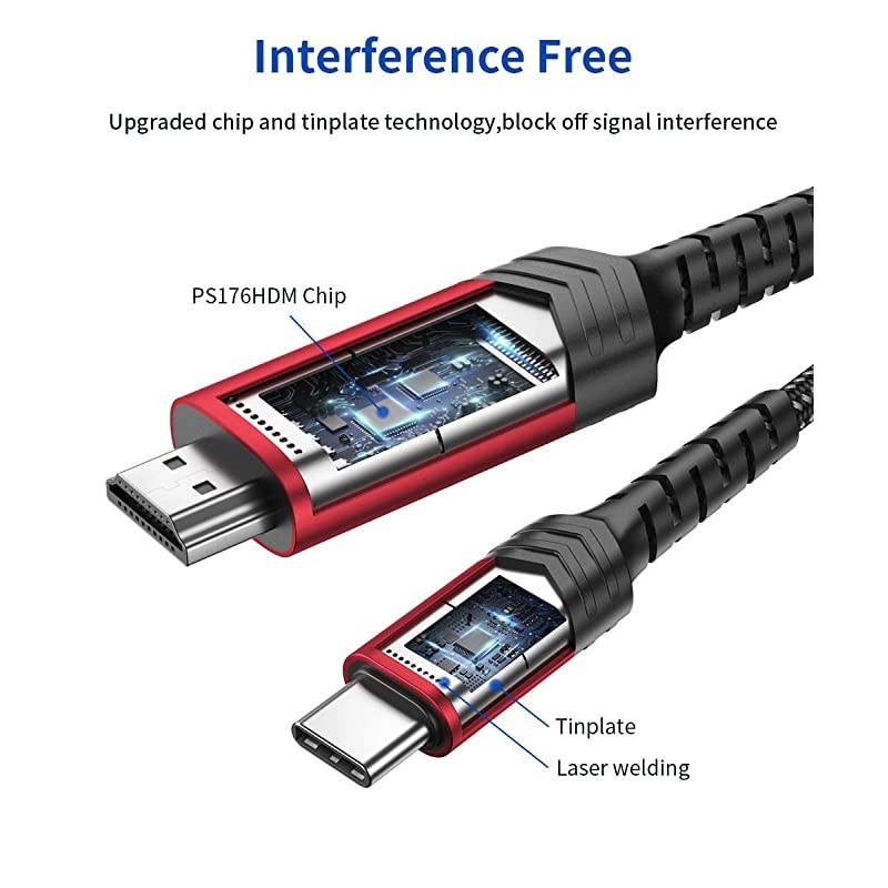 USB C to HDMI Cable13ft  4K 60HZ Type C to HDMI CordThunderbolt 3 Compatible for MacBook Pro 2018 2017 Air iPad Pro Samsung Galaxy S21 S20 Ultra Note 10 S10 Plus Surface BookRed