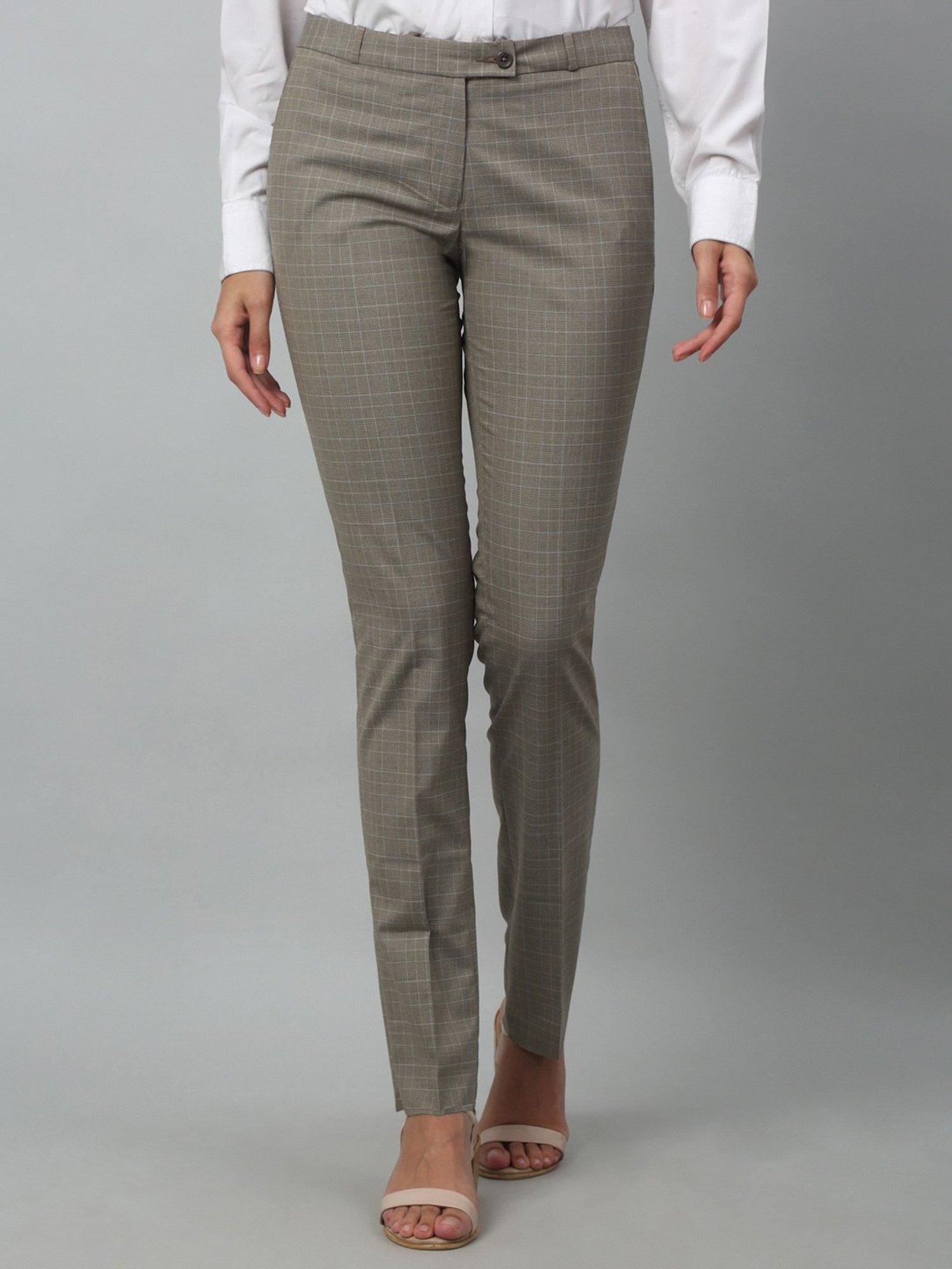 Crozo By Cantabil Brown Checks Regular Fit Mid Rise Trousers