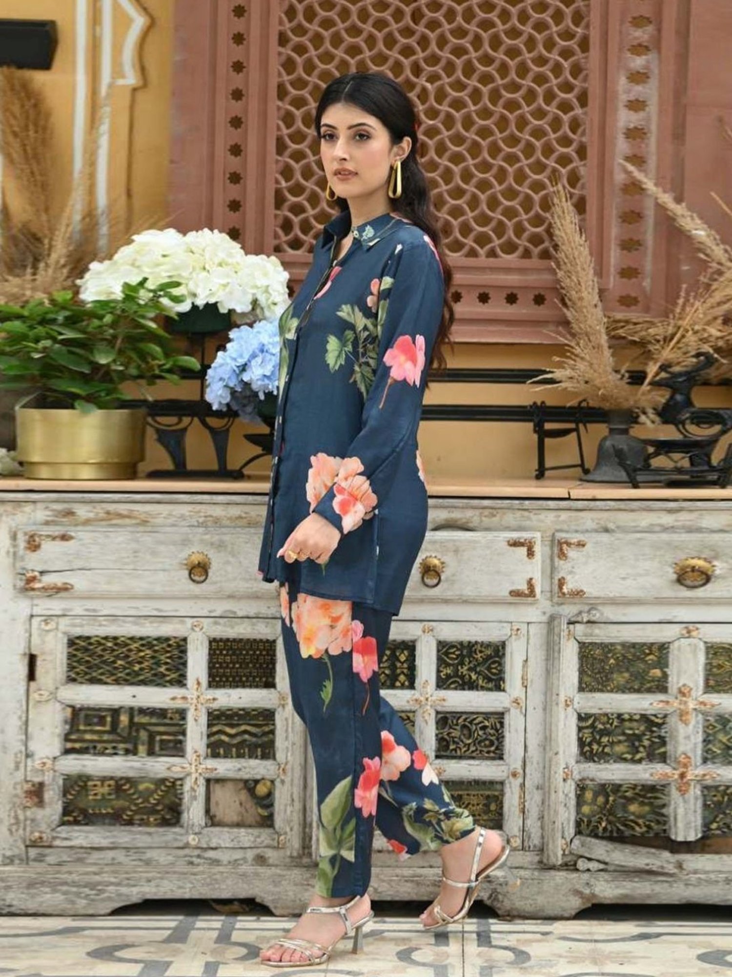 Mahee Jaipur Blue Brush Floral Print Shirt with Pant Co-ord Set