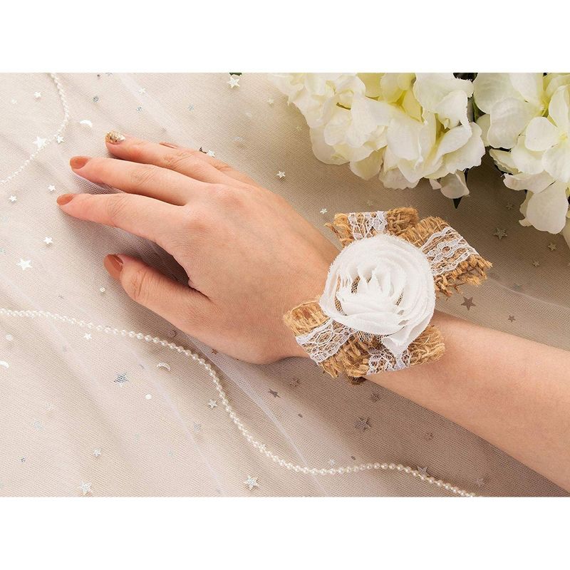 Genie Crafts 4-Count Burlap Fabric Flower Wrist Corsage for Wedding, Bridesmaids, DIY Arts and Crafts, 3.75 in