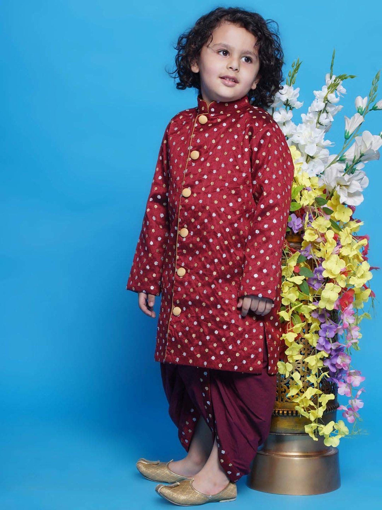 Little Bansi Boys Maroon Embroidery Full Sleeves Kurta Set