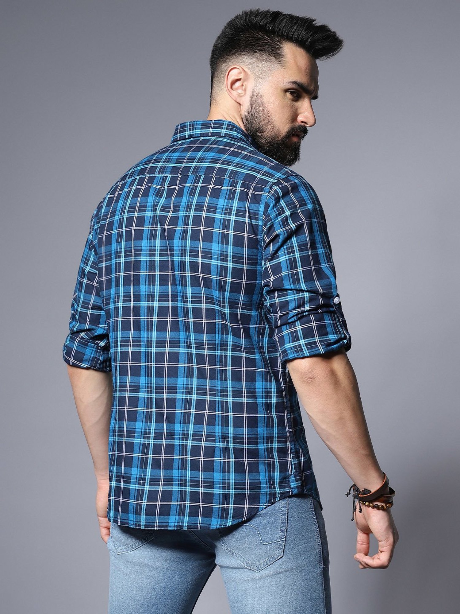 High Star Blue Relaxed Fit Checks Shirt
