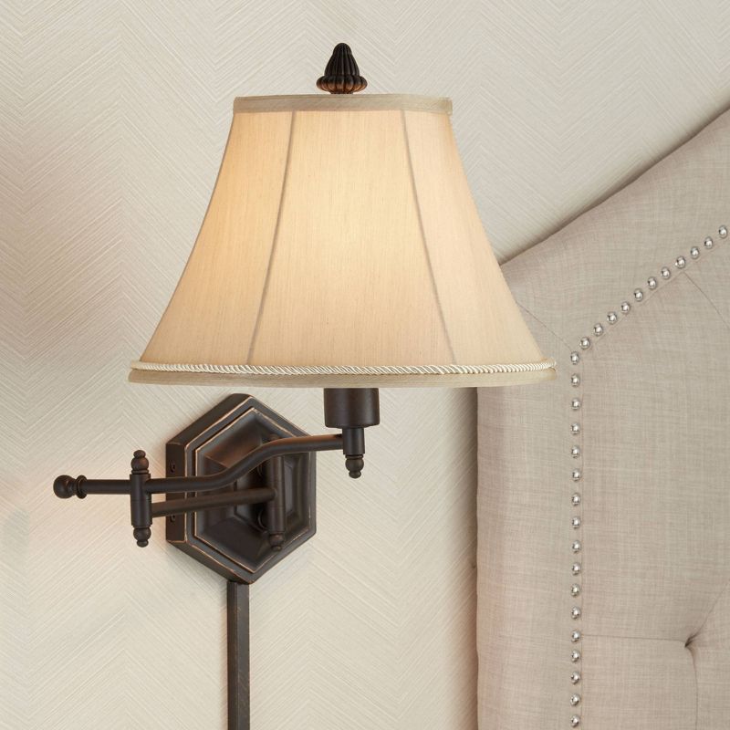 Barnes and Ivy Country Swing Arm Wall Lamp Hexagon Bronze Plug-In Light Fixture Gold Bell Shade for Bedroom Living Room Reading
