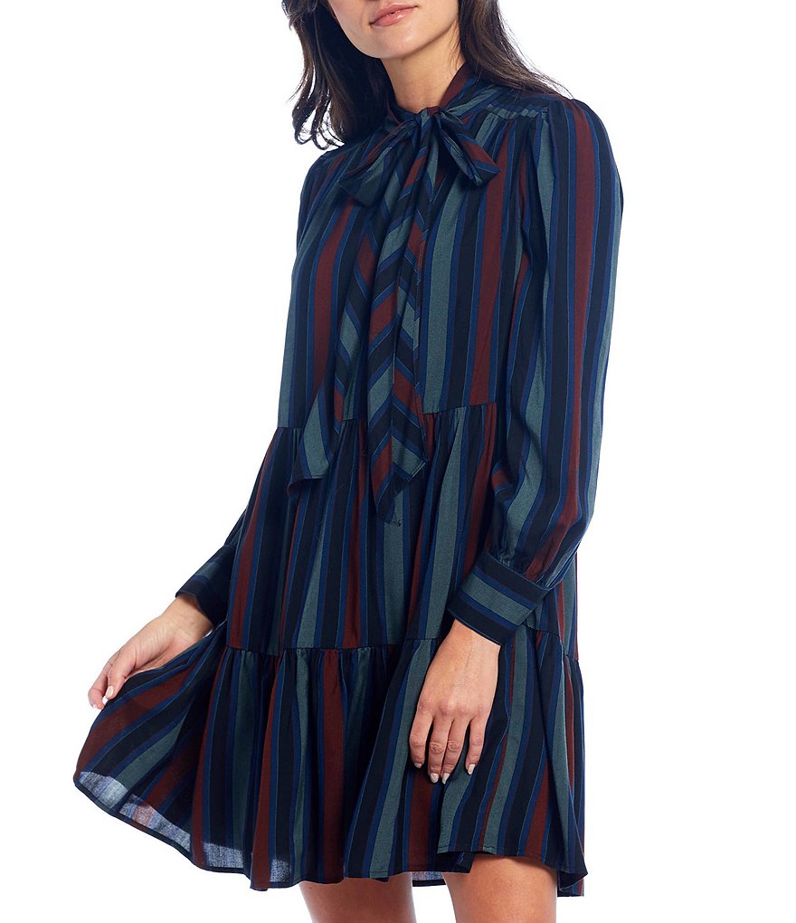 Maggy London Tie Neck Long Cuff Sleeve Striped Tiered Trapeze Dress