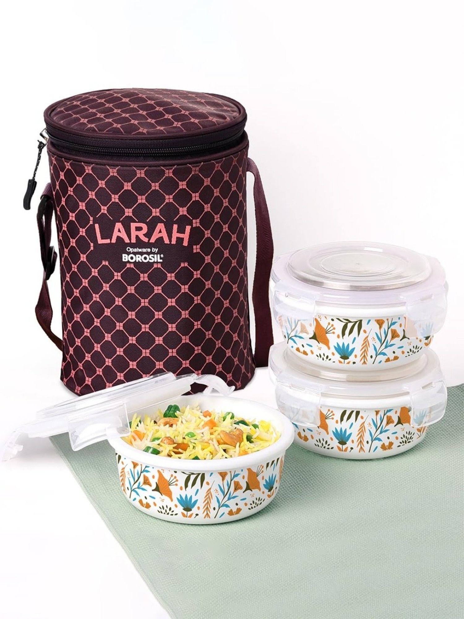Larah by Borosil Blue Opalware Lunch Box with Lunch Bag