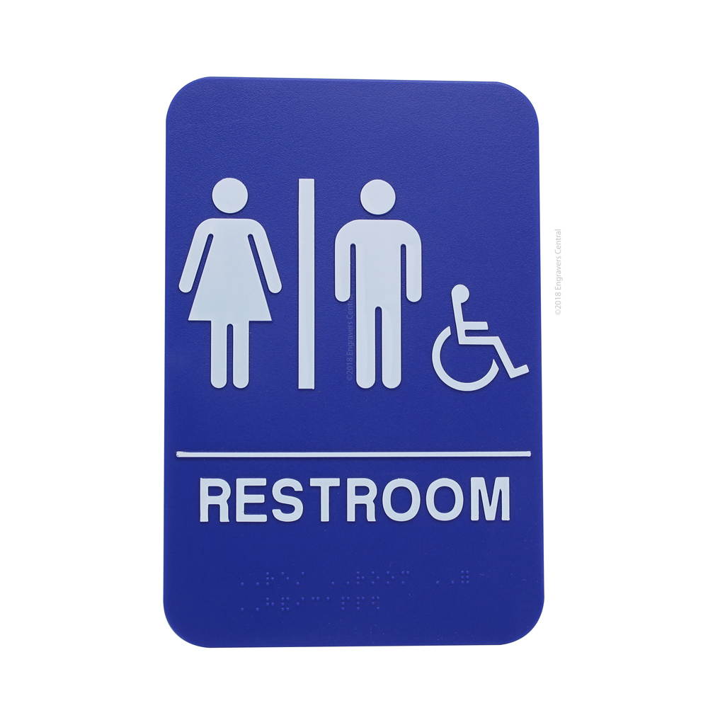 Unisex Braille Restroom Sign with a Wheelchair Icon for Handicap - 6x9 ADA Bathroom Sign with Double Sided Adhesive Tape on Back - (Blue Background)