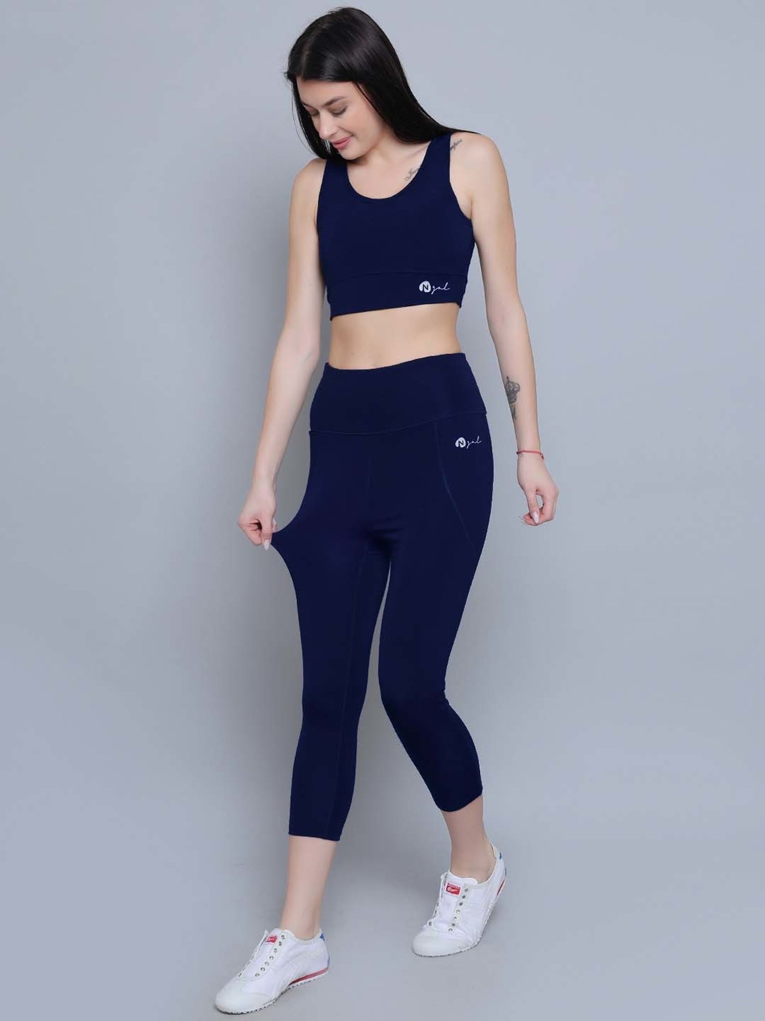 N-Gal Navy Logo Print Sports Bra With Tights Set