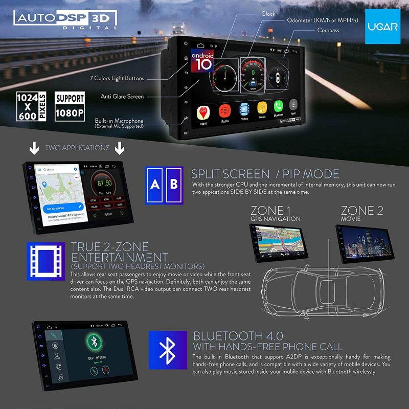 UGAR EX10-DSP 7" Android 10.0 Car Stereo 2GB 16GB with Front & Rear View Camera Head Unit Bluetooth WiFi Double Din Radio Car Audio Indash GPS Navigation Touch Screen