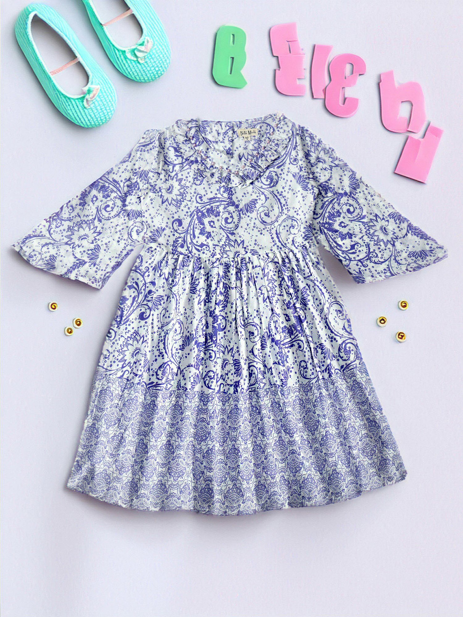 Bella Moda Kids White Printed Full Sleeves Fit & Flare Dress