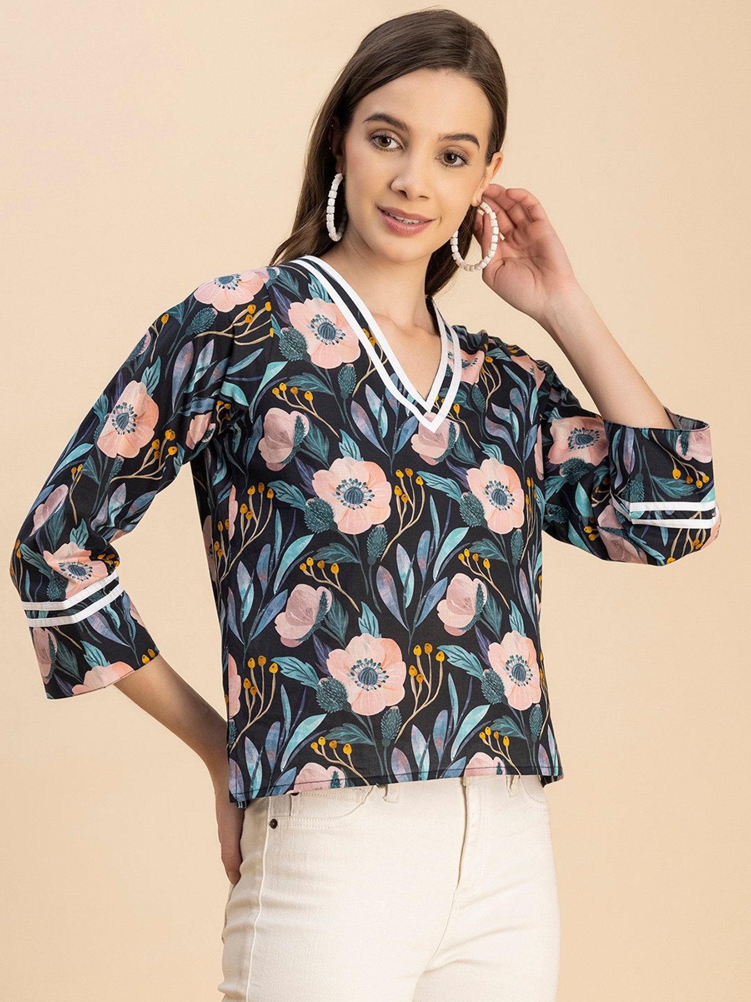 Moomaya Black Cotton Floral Print Top