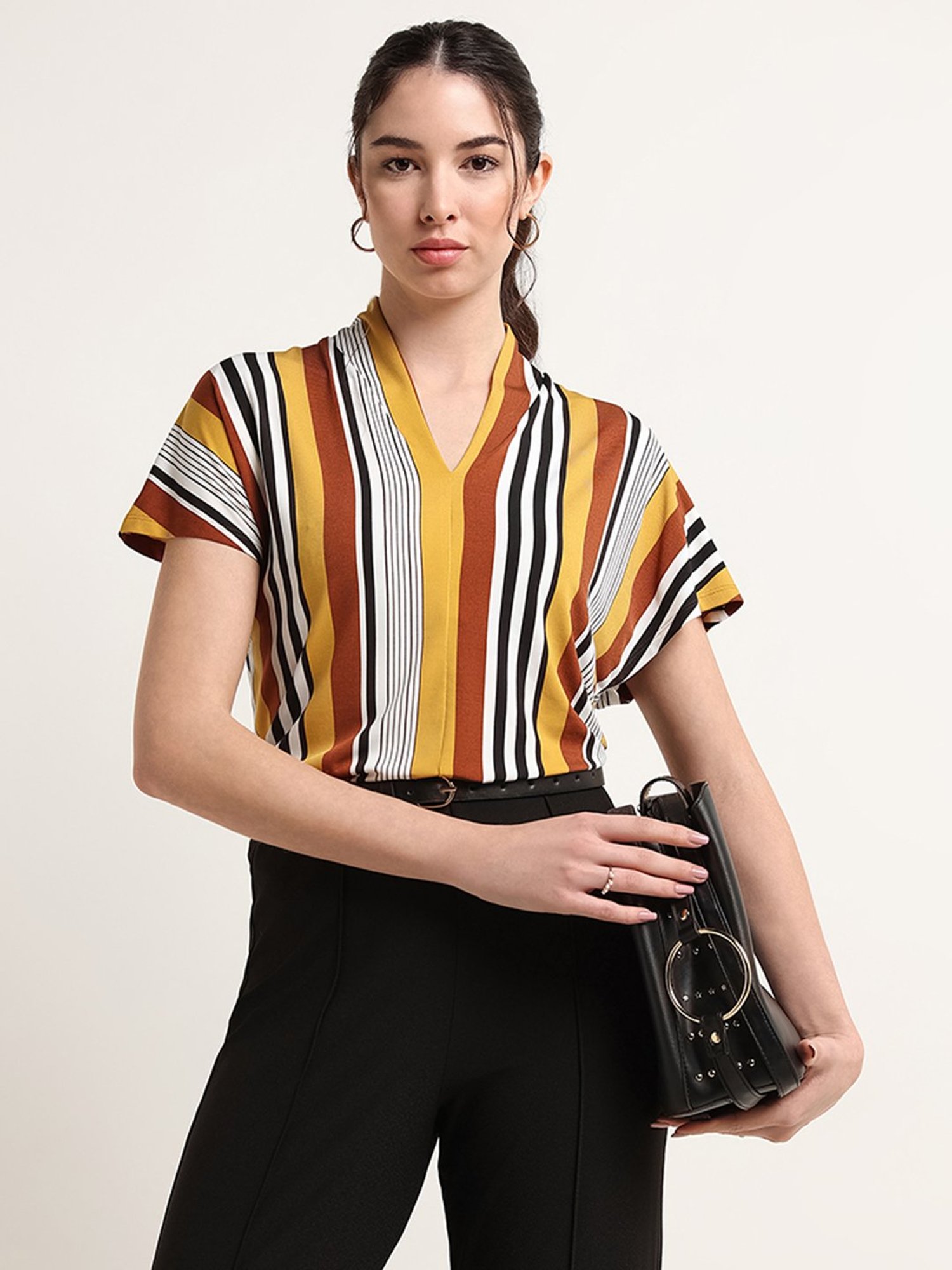 Wardrobe by Westside Multicolour V-Neck Striped Top