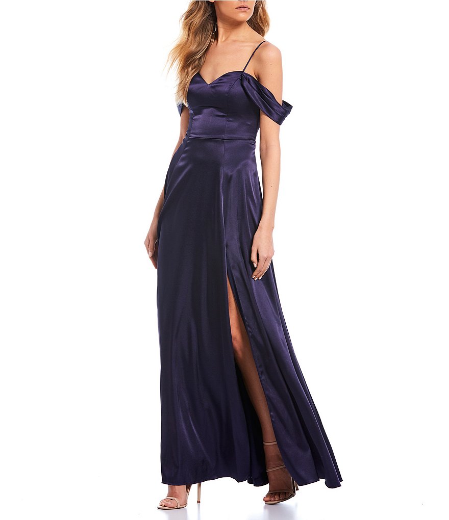 Sequin Hearts Off-The-Shoulder Satin Lace-Up-Back Side Slit Long Dress