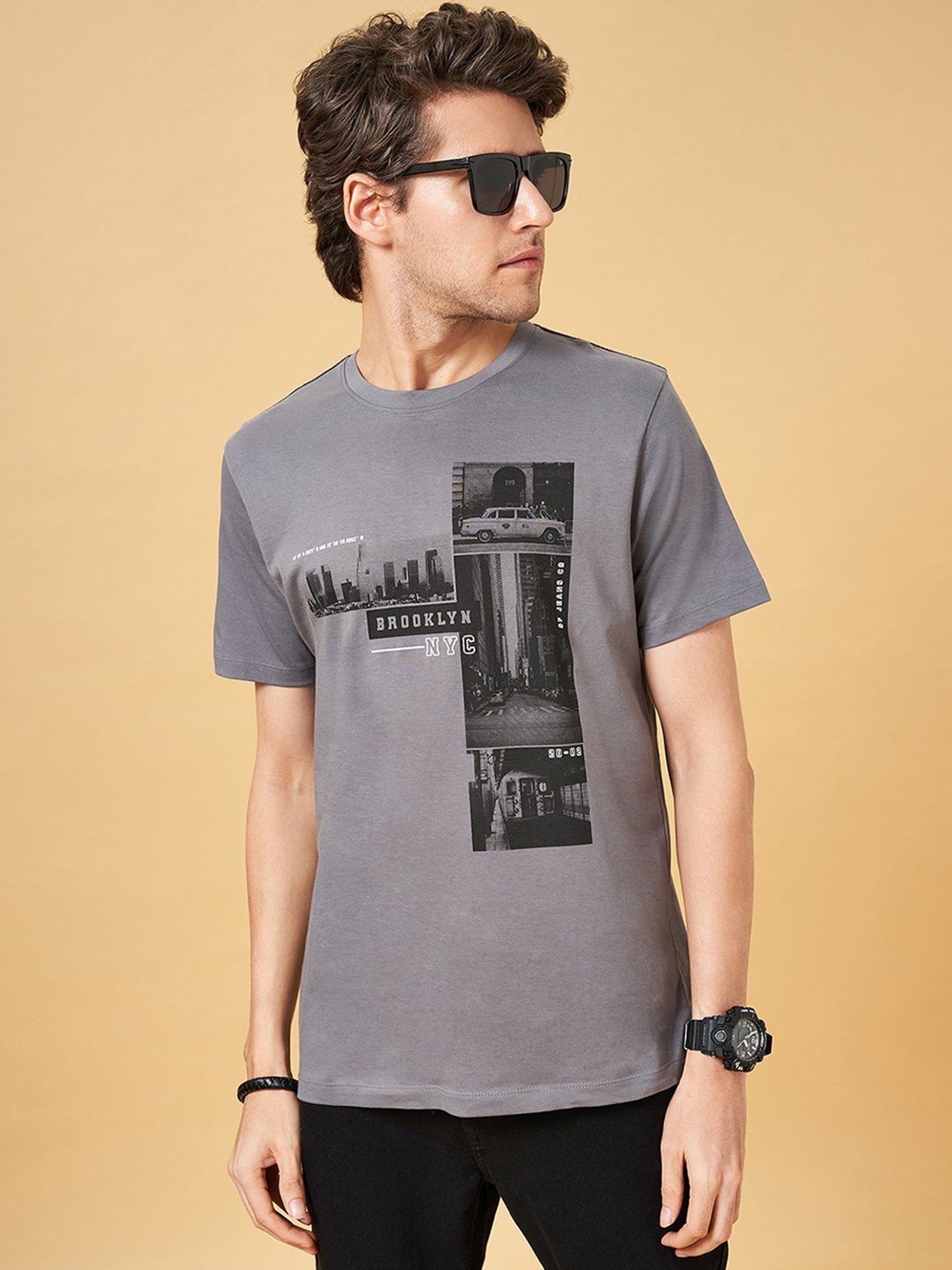 Sf Jeans By Pantaloons Steel Grey Slim Fit Printed T-Shirt