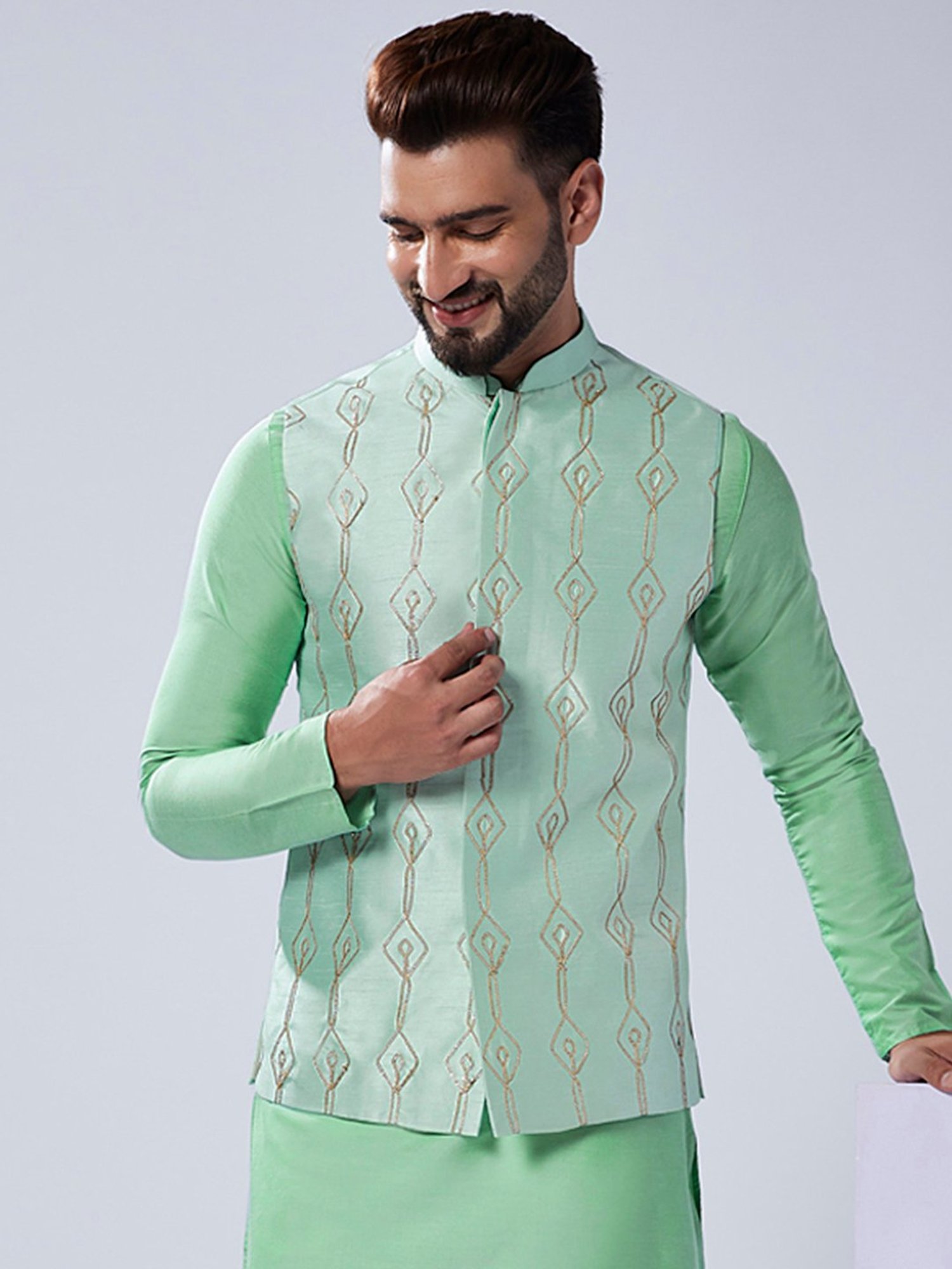 KISAH Sea Green Regular Fit Embellished Nehru Jacket