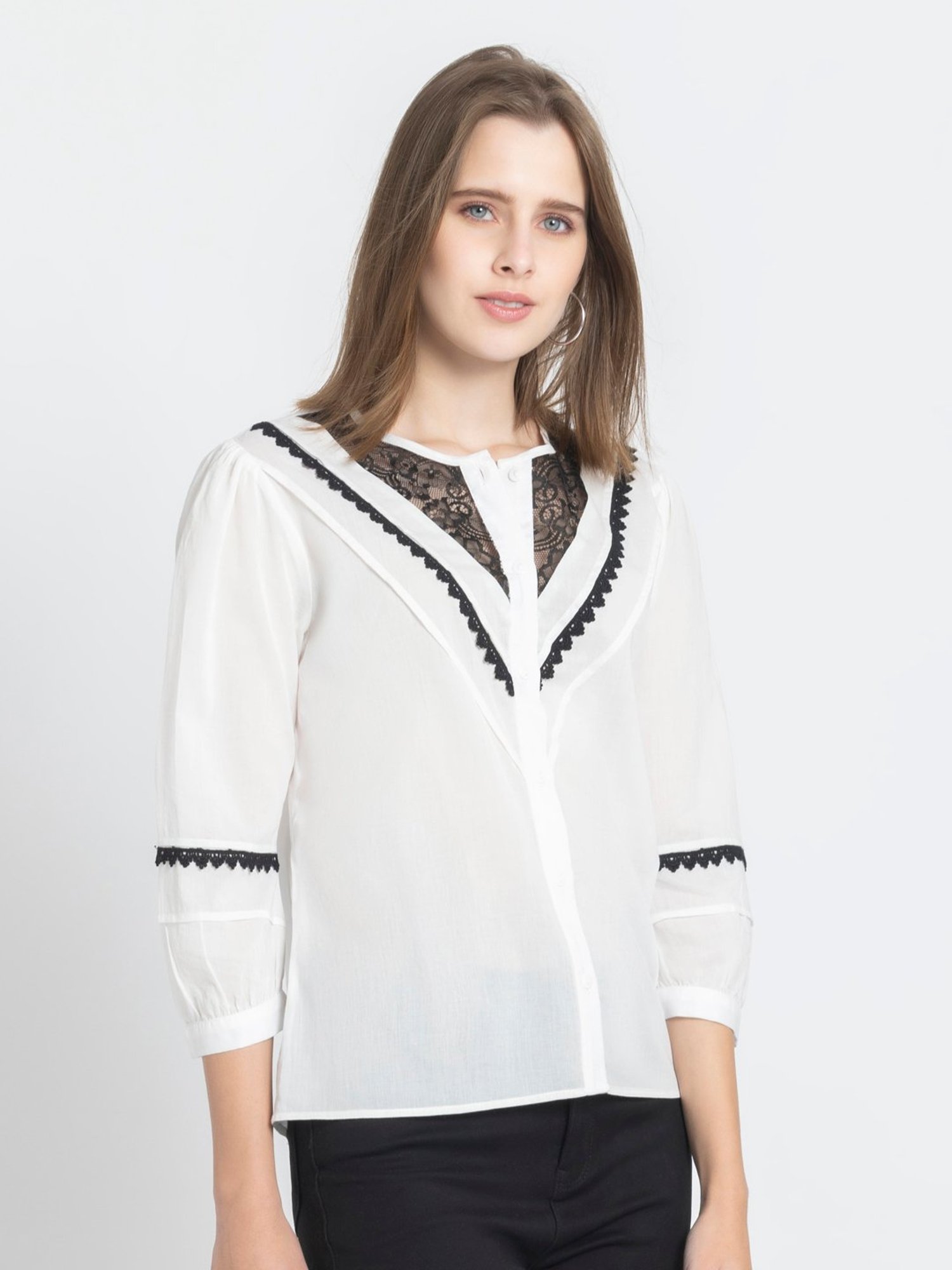SHAYE White & Black Cotton Lace Top