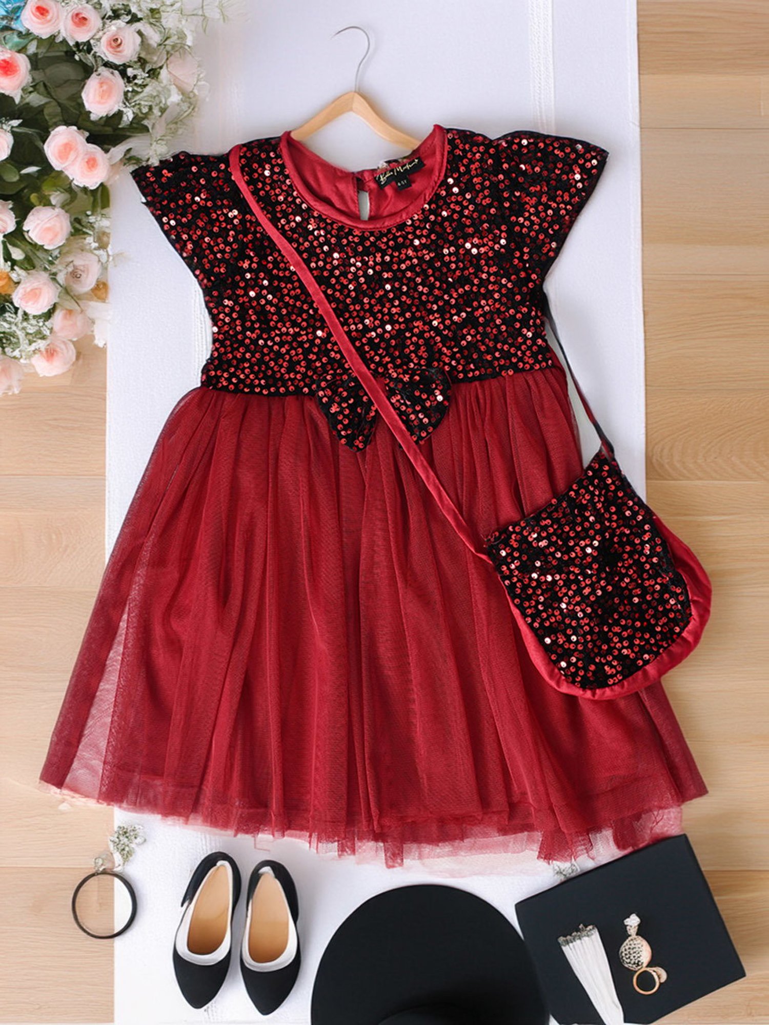 Bella Moda Girls Maroon & Black Embellished Dress with Sling Bag