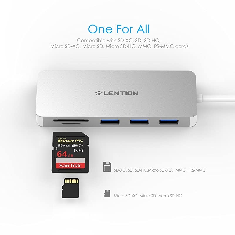 USB C Hub with 3 USB 3.0 and SD/Micro SD Card Reader Compatible 2020-2016 MacBook Pro 13/15/16, New Mac Air/iPad Pro/Surface, ChromeBook, More, Multi-Port Type C Adapter (CB-C15, Silver)