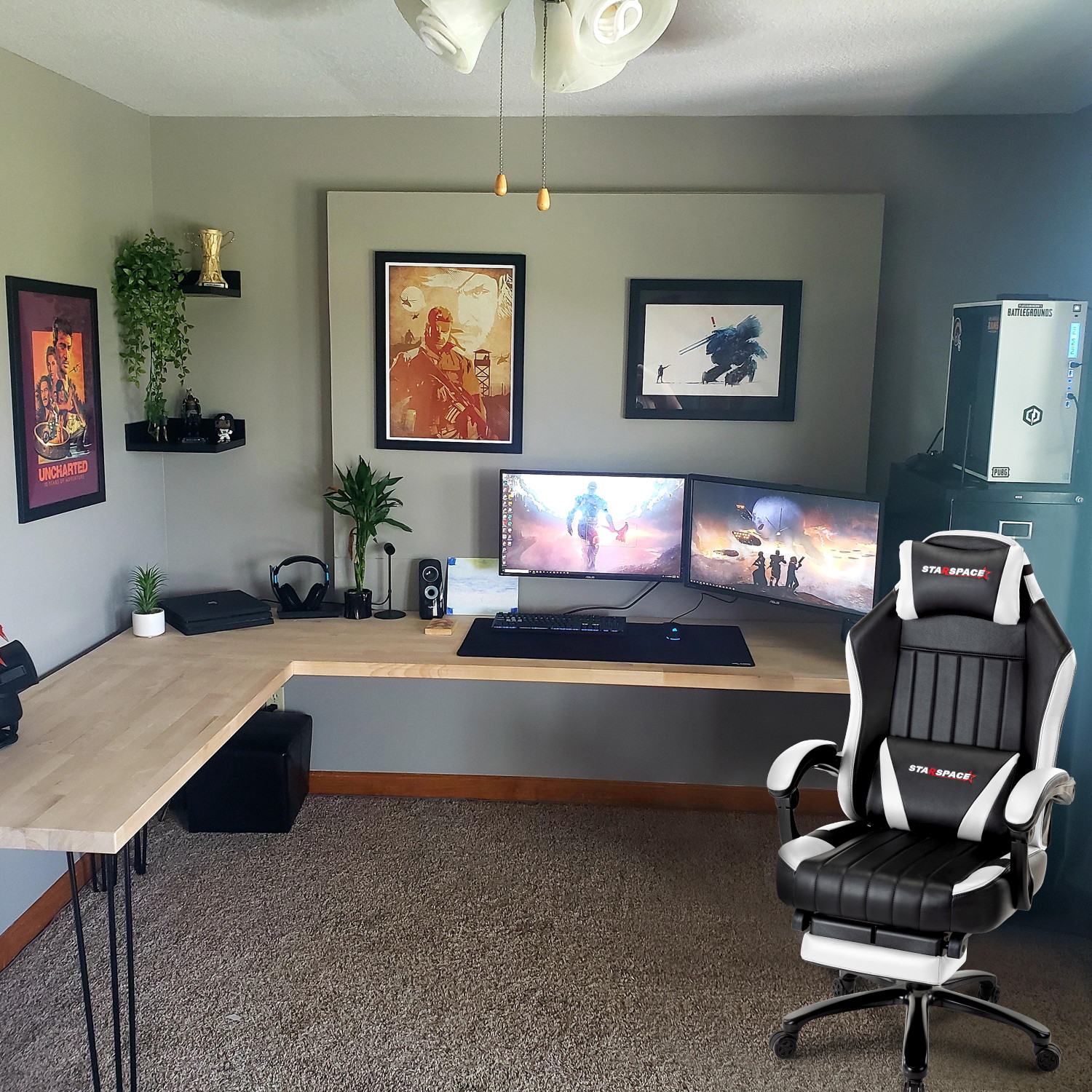 STRASPACE Big & Tall 400lb Memory Foam Reclining Gaming Chair Metal Base - Adjustable Back Angle and Retractable Footrest Ergonomic High-Back Leather Racing Executive Computer Desk Office Chair, Blue