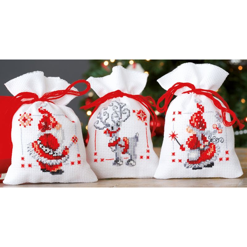 Vervaco Counted Cross Stitch Kit 3.25"X4.75" 3/Pkg-Christmas Elves Bags On Aida (18 Count)