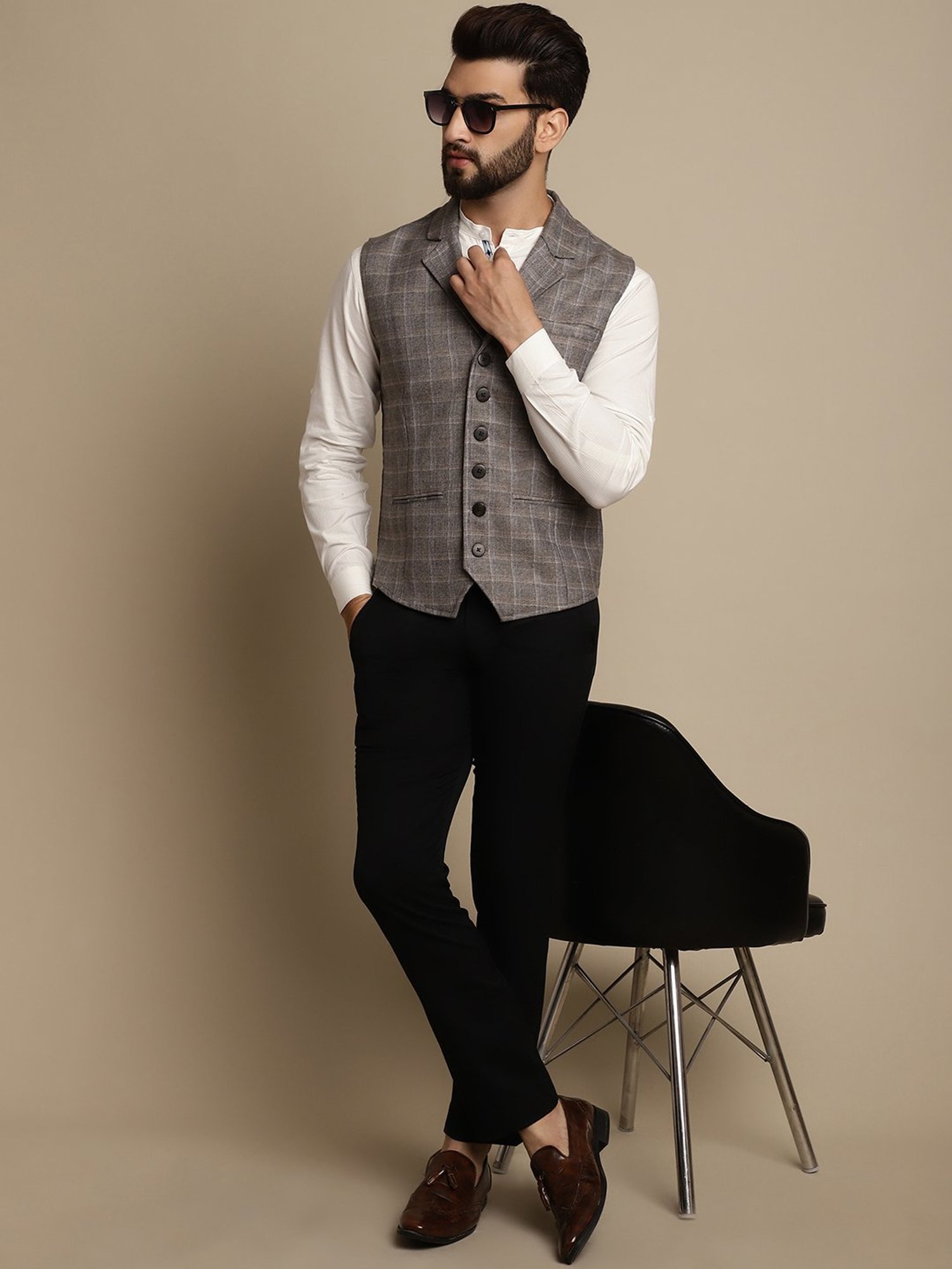 Even Brown Regular Fit Notch Lapel Check Waistcoat