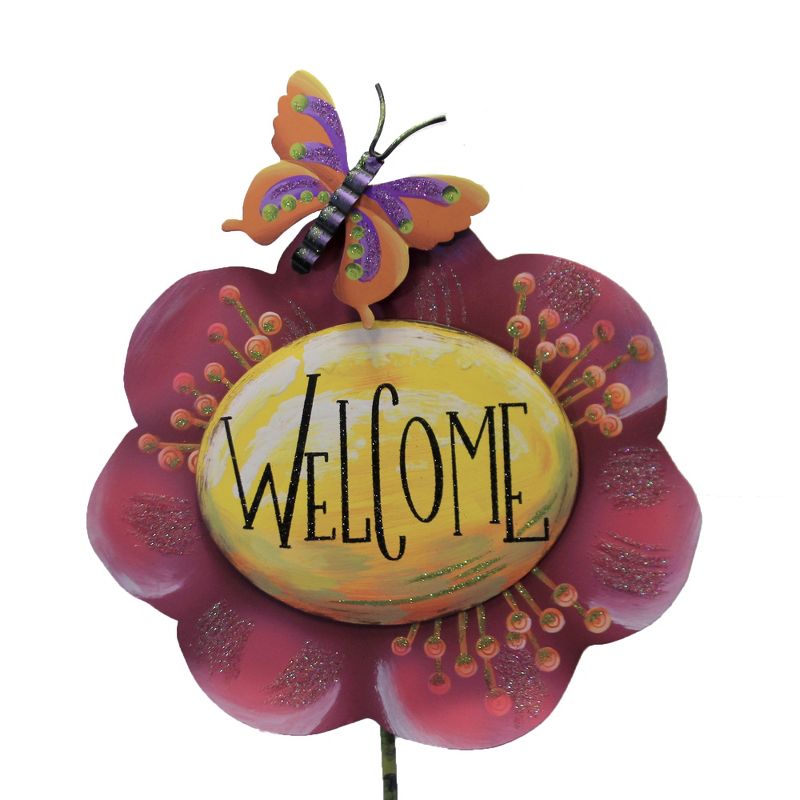 Home & Garden 34.25" Welcome Flower Butterfly Round Top Collection  -  Decorative Garden Stakes