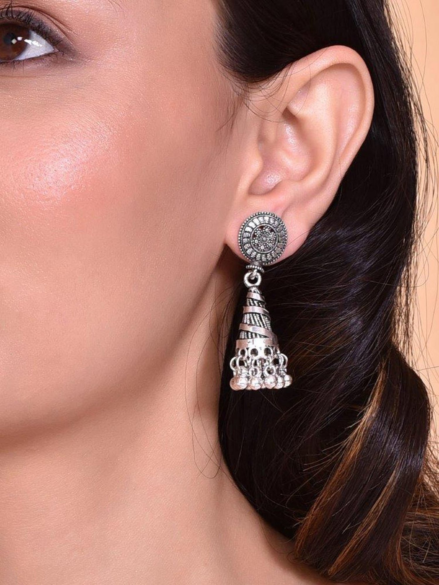 VOJ Oxidised Silver Plated Contemporary Jhumka for Women