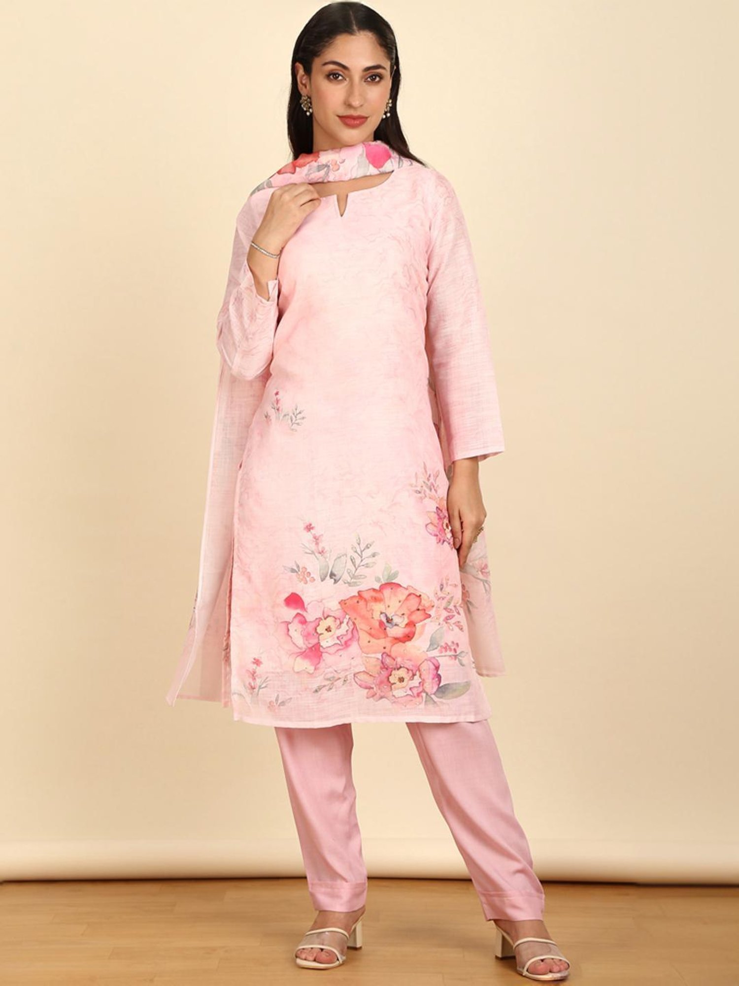 Soch Womens Pink Floral Print Linen Unstitch Dress Material With Beads And Stones