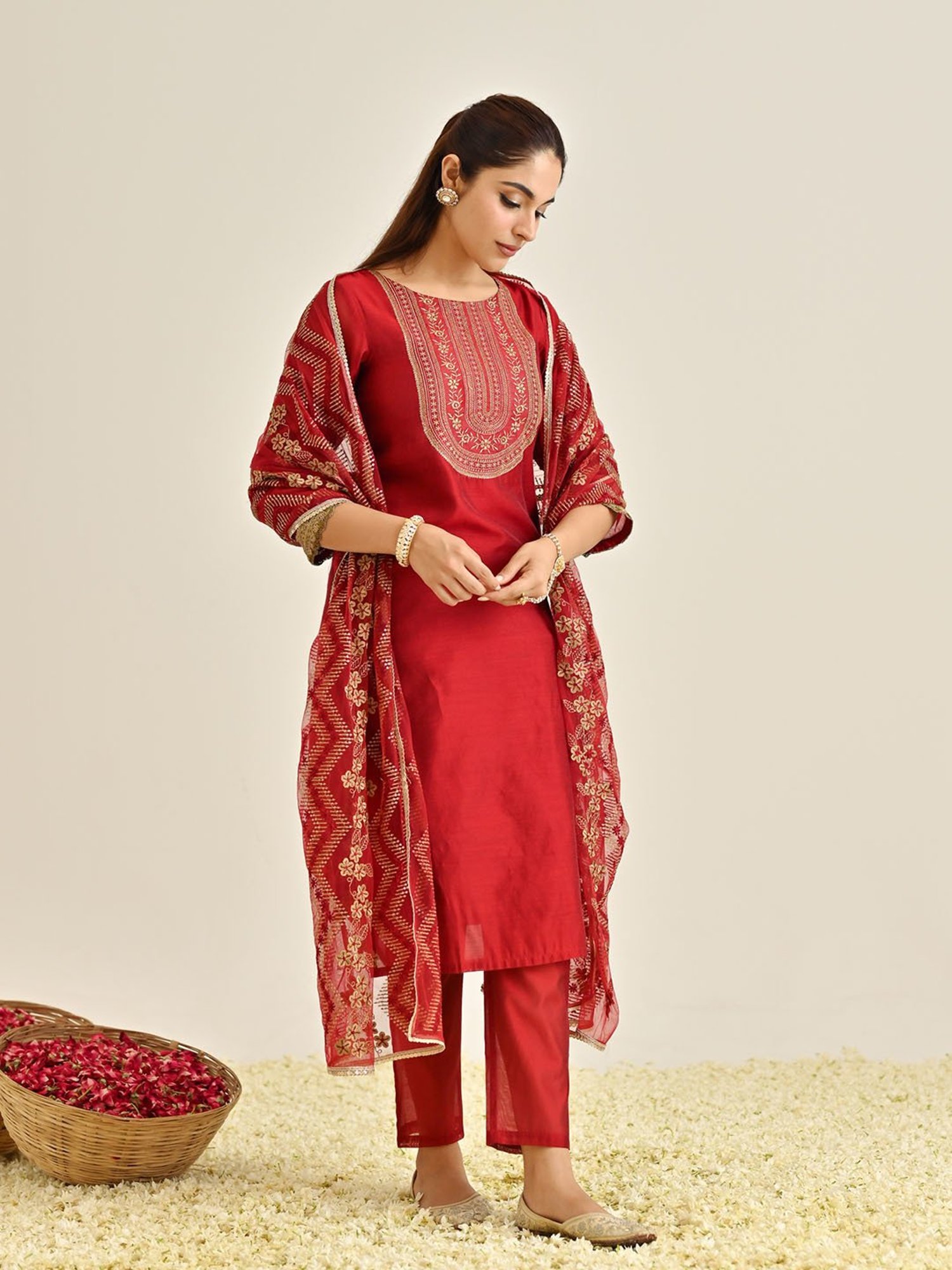 Rustorange Red Embroidered Kurta With Pant & Dupatta